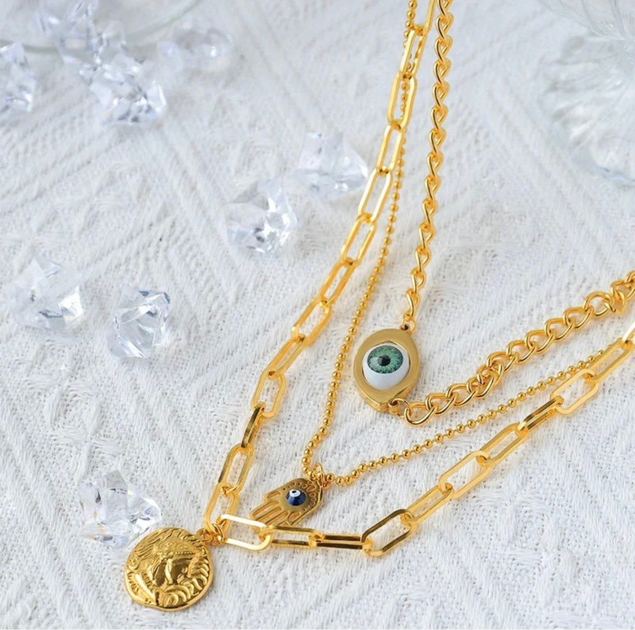 DEVIL'S EYE HAND PALM LAYERED NECKLACES